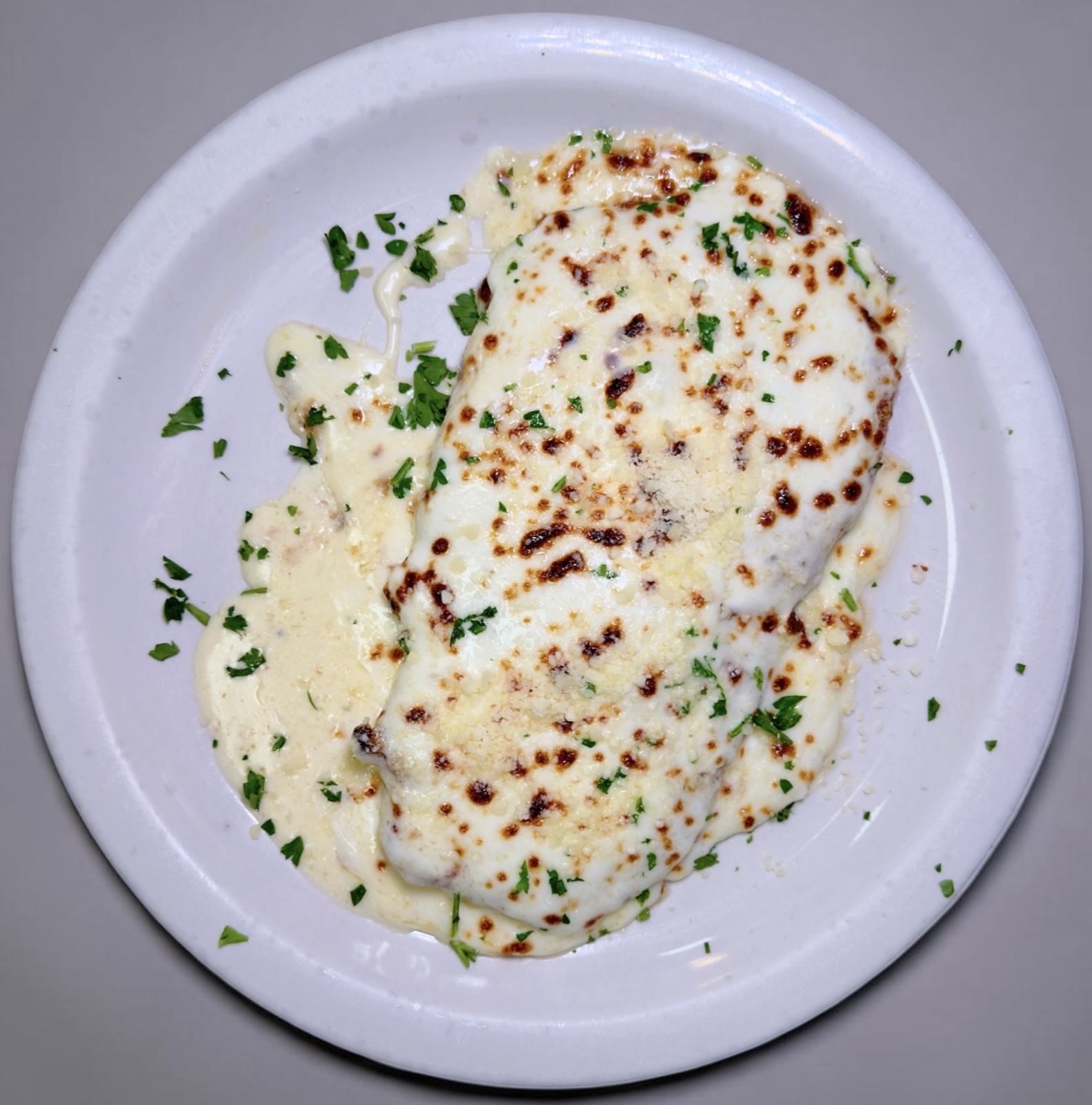 Chicken parmigiana in alfredo sauce