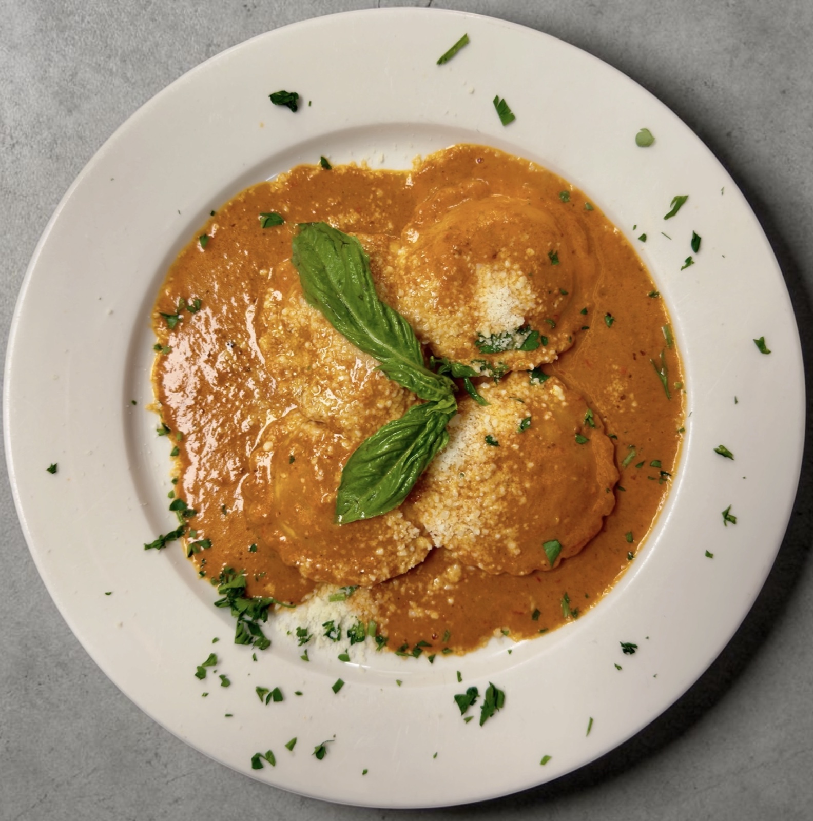 Lobster ravioli in spicy vodka sauce