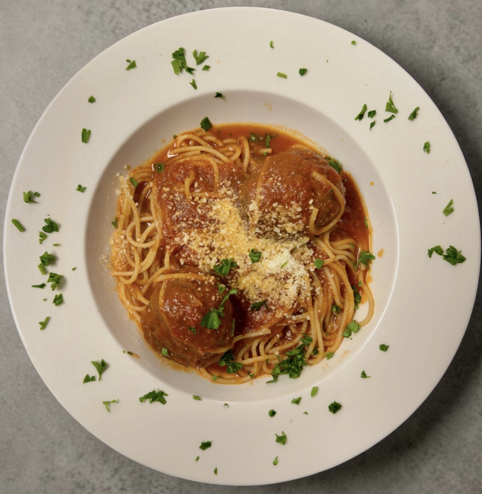 Spaghetti and meatballs in marinara sauce