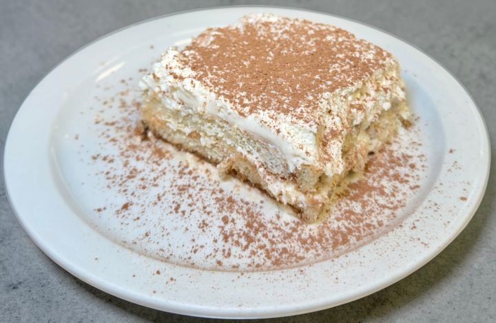 Sophia's tiramisu — espresso-soaked cookies layered with mascarpone cream and cocoa